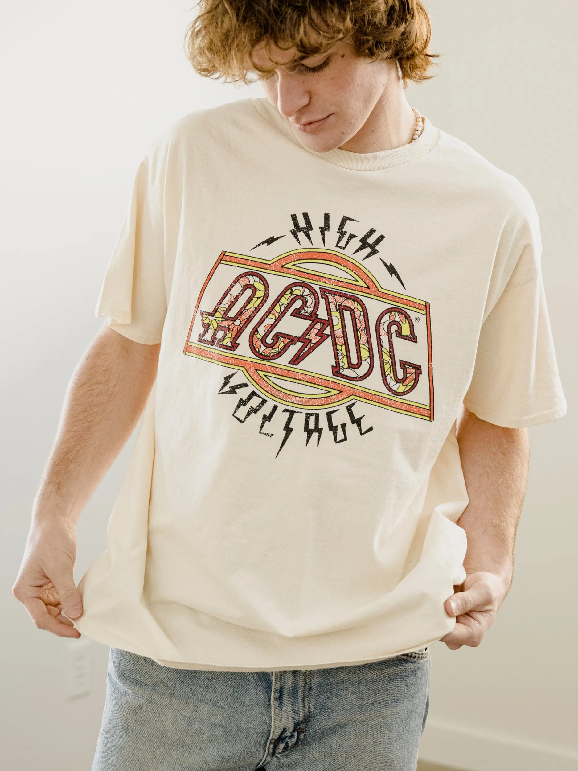 ACDC High Voltage Flower Off White Thrifted Distressed Tee