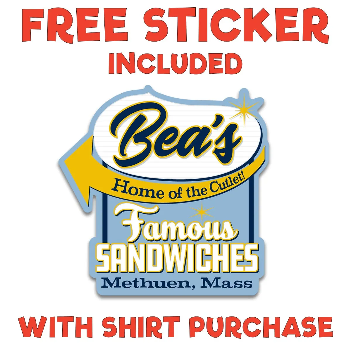 Bea's Famous Sandwiches Methuen MA Retro T-Shirt, Baby Blue Adult Unisex Tshirt, 100% Cotton, S-XXL