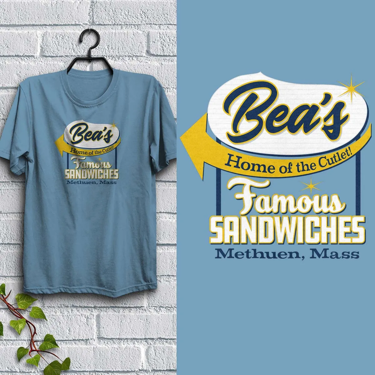 Bea's Famous Sandwiches Methuen MA Retro T-Shirt, Baby Blue Adult Unisex Tshirt, 100% Cotton, S-XXL