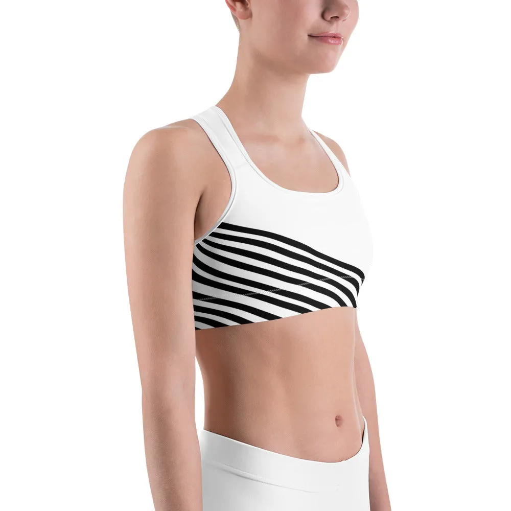 Black Diagonal Striped Sports Bra, White Stripe Print Best Quality Unpadded Women's Gym Bra-Made in USA/EU/MX