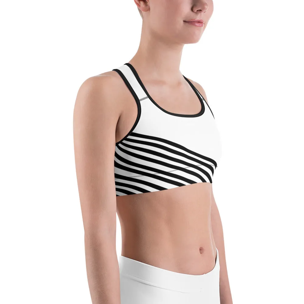 Black Diagonal Striped Sports Bra, White Stripe Print Best Quality Unpadded Women's Gym Bra-Made in USA/EU/MX