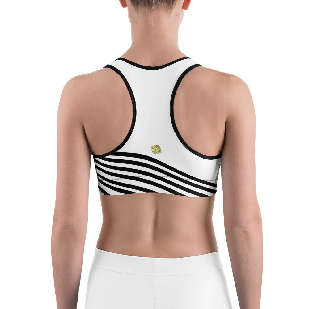 Black Diagonal Striped Sports Bra, White Stripe Print Best Quality Unpadded Women's Gym Bra-Made in USA/EU/MX