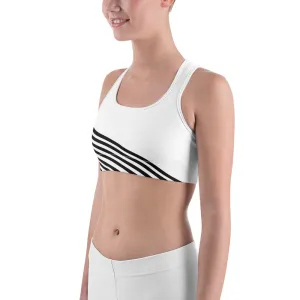 Black Diagonal Striped Sports Bra, White Stripe Print Best Quality Unpadded Women's Gym Bra-Made in USA/EU/MX