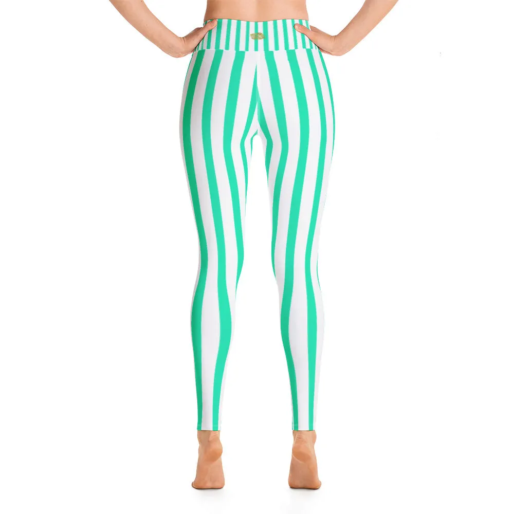 Blue Striped Women's Leggings, White Active Wear Fitted Yoga Pants - Made in USA/EU