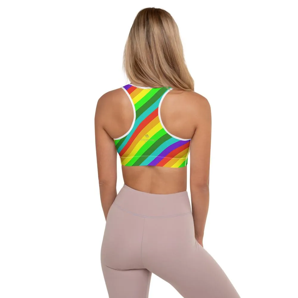 Bright Rainbow Stripe Sports Bra, Diagonal Women's Padded Gym Bra-Made in USA/EU