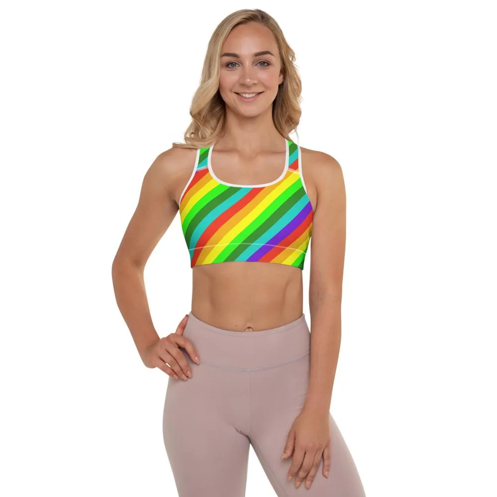 Bright Rainbow Stripe Sports Bra, Diagonal Women's Padded Gym Bra-Made in USA/EU