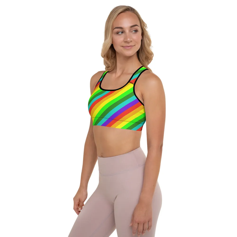 Bright Rainbow Stripe Sports Bra, Diagonal Women's Padded Gym Bra-Made in USA/EU