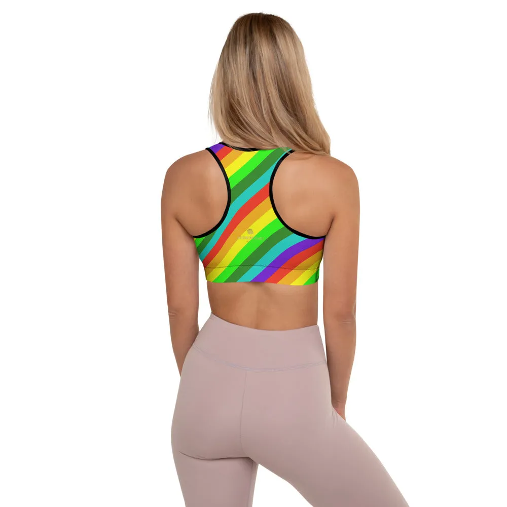 Bright Rainbow Stripe Sports Bra, Diagonal Women's Padded Gym Bra-Made in USA/EU