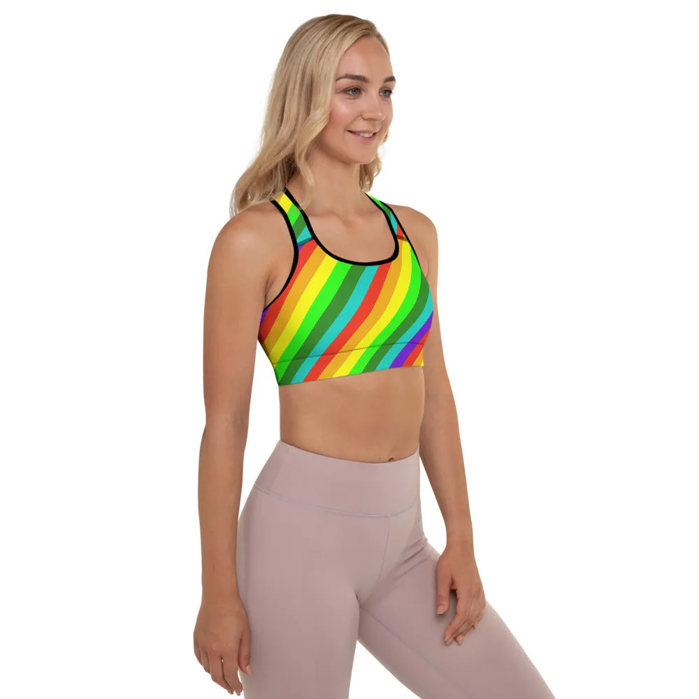 Bright Rainbow Stripe Sports Bra, Diagonal Women's Padded Gym Bra-Made in USA/EU