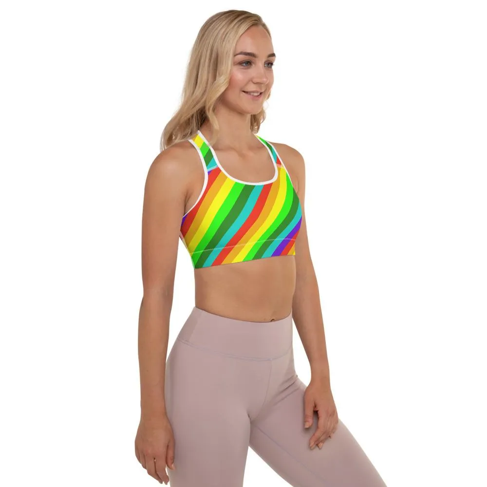 Bright Rainbow Stripe Sports Bra, Diagonal Women's Padded Gym Bra-Made in USA/EU