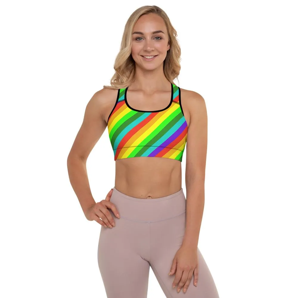 Bright Rainbow Stripe Sports Bra, Diagonal Women's Padded Gym Bra-Made in USA/EU