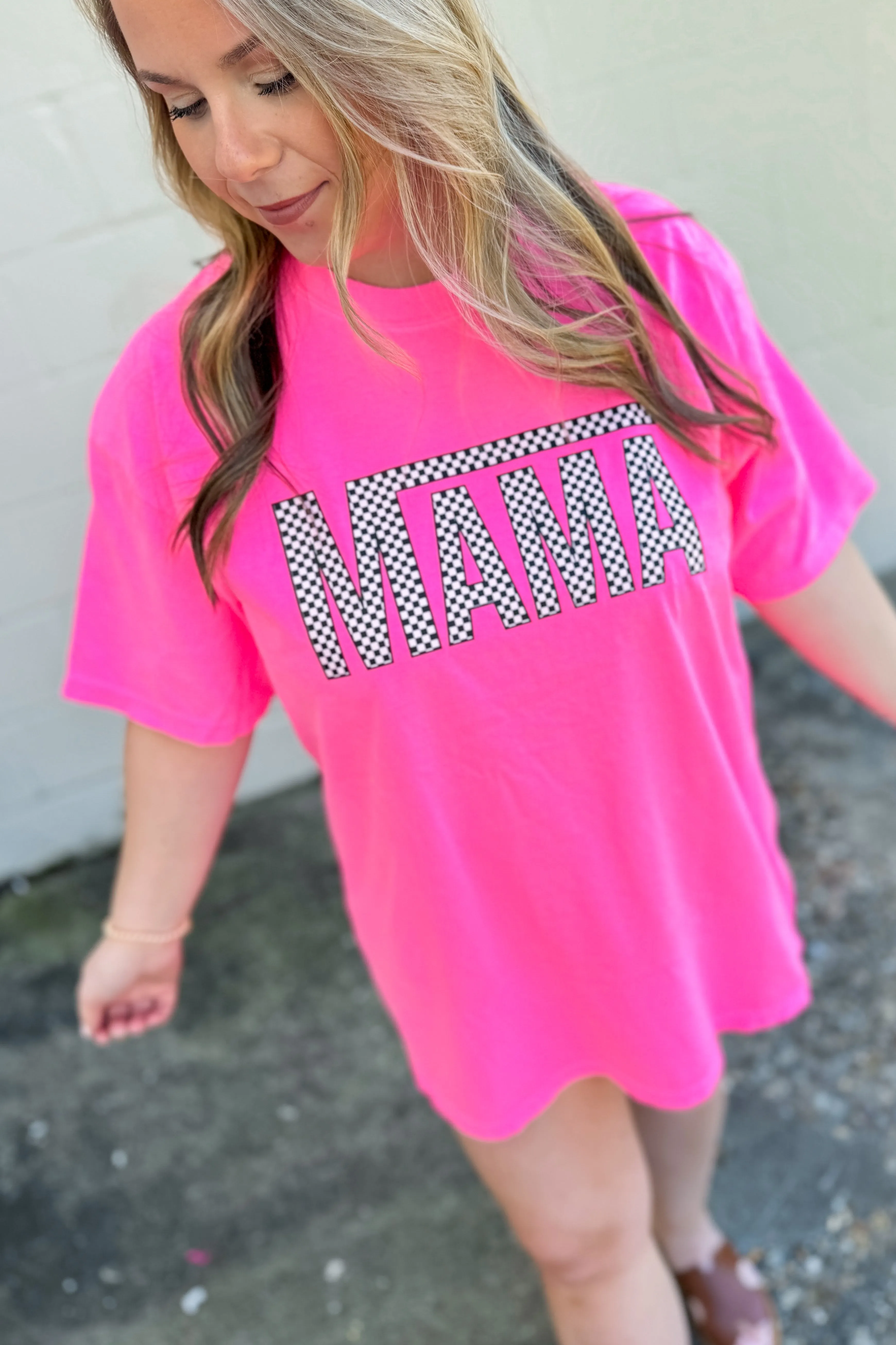 Checker Mama Graphic Tee, Neon Pink