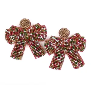 Christmas Bow Beaded Earrings