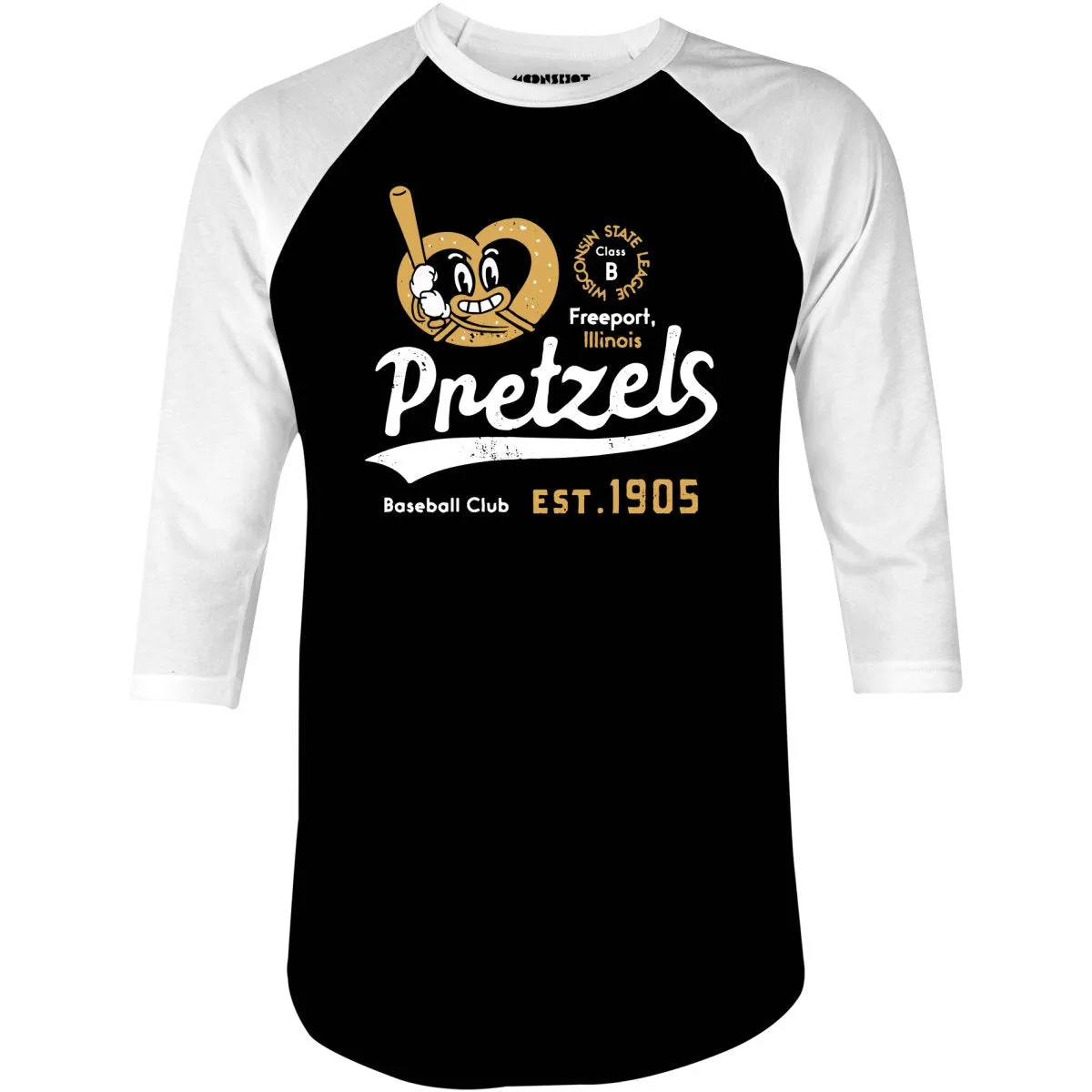 Freeport Pretzels - Illinois - Vintage Defunct Baseball Teams - 3/4 Sleeve Raglan T-Shirt