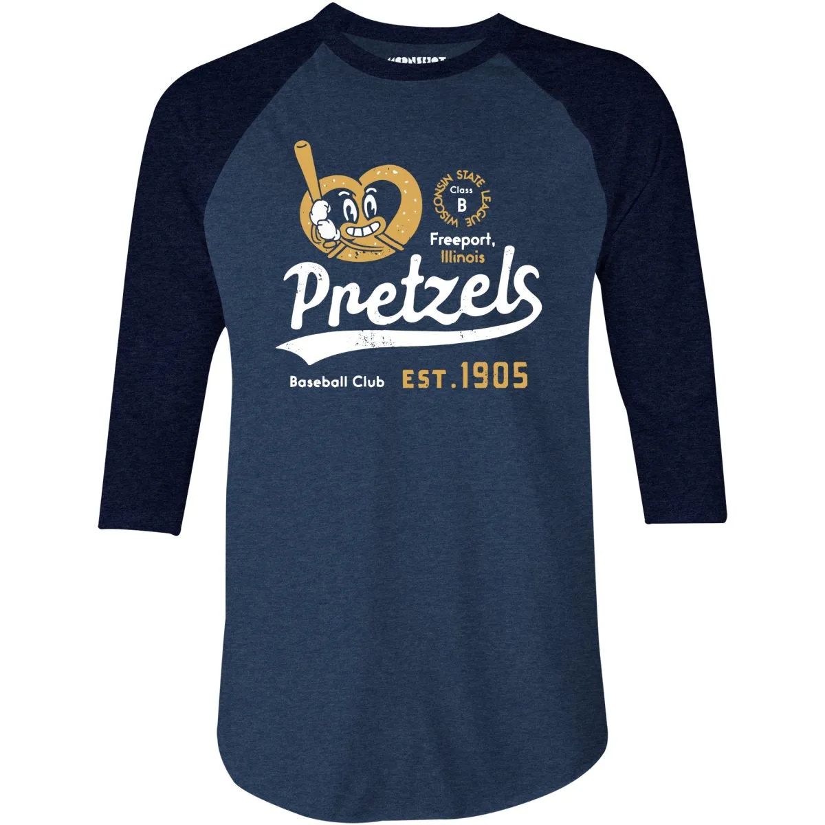 Freeport Pretzels - Illinois - Vintage Defunct Baseball Teams - 3/4 Sleeve Raglan T-Shirt