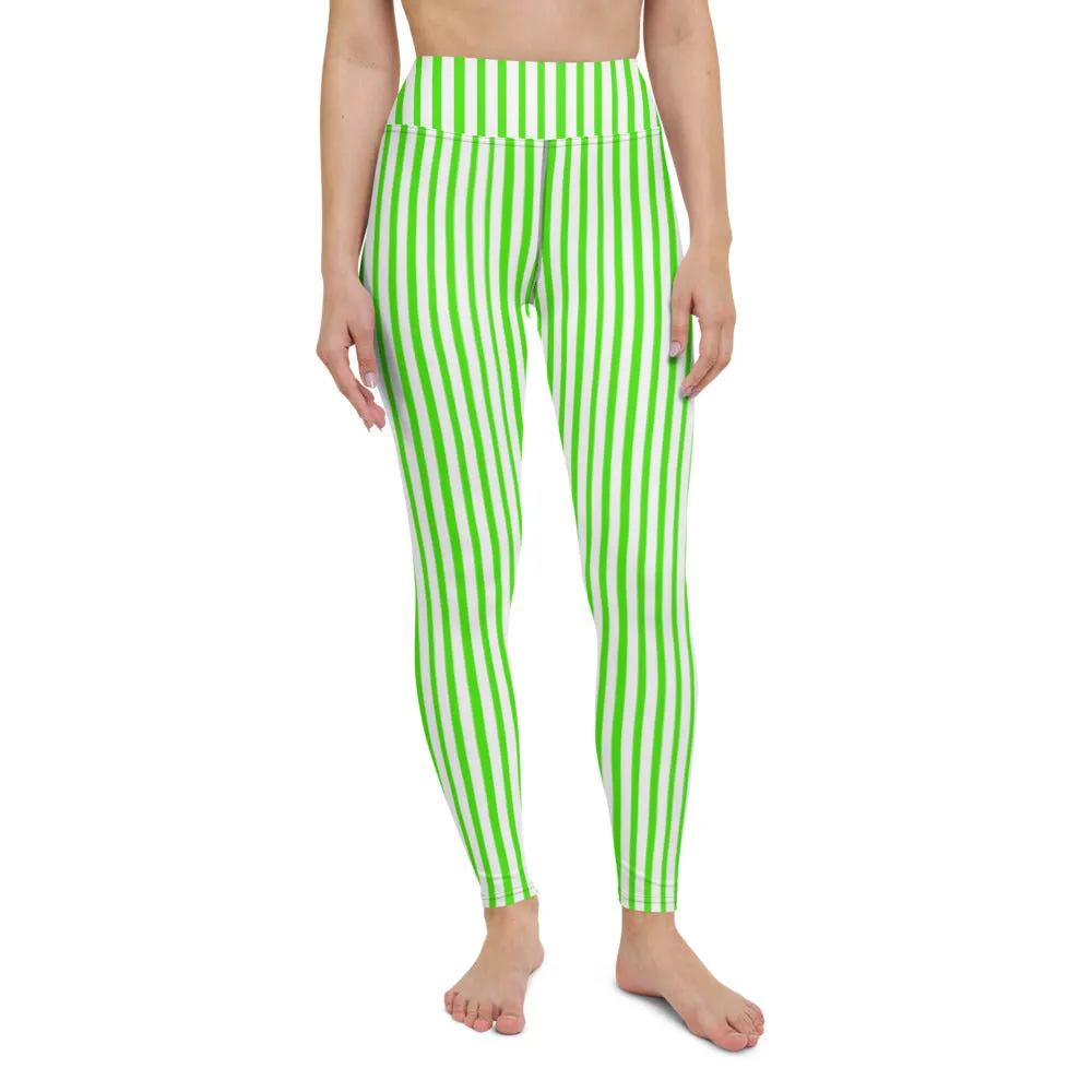 Green White Striped Yoga Leggings, Vertical Stripes Women's Long Tights-Made in USA/EU/MX