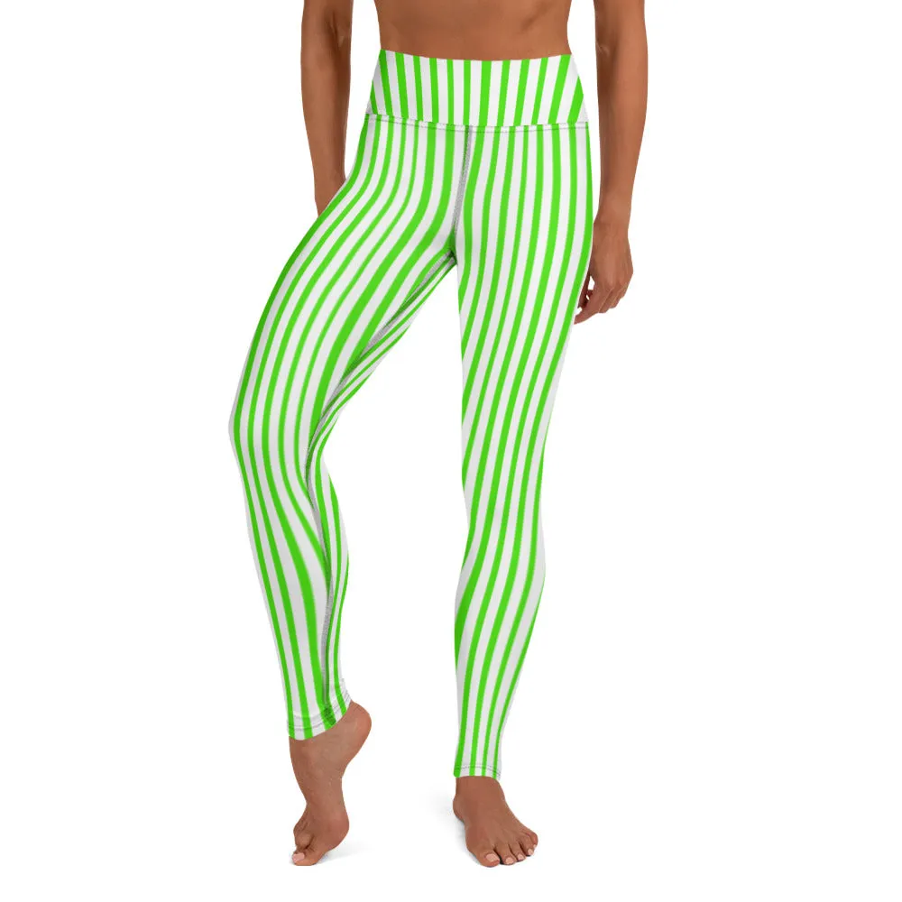 Green White Striped Yoga Leggings, Vertical Stripes Women's Long Tights-Made in USA/EU/MX