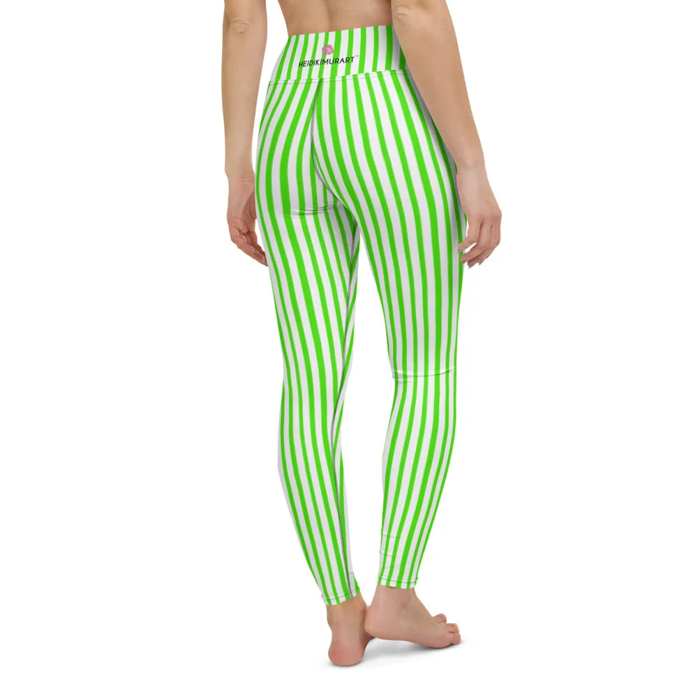 Green White Striped Yoga Leggings, Vertical Stripes Women's Long Tights-Made in USA/EU/MX