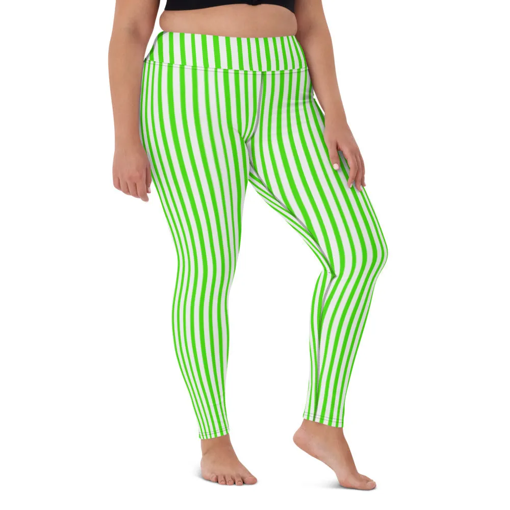 Green White Striped Yoga Leggings, Vertical Stripes Women's Long Tights-Made in USA/EU/MX