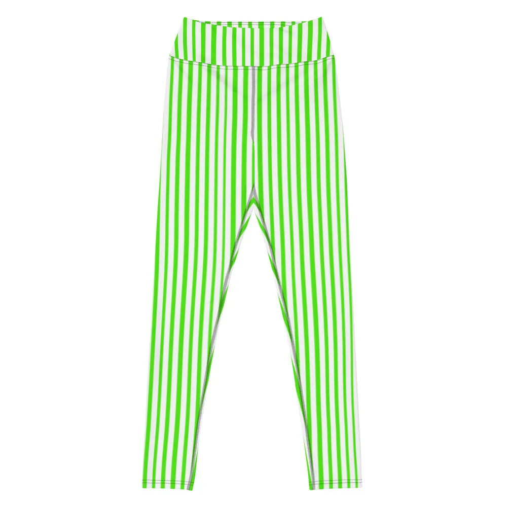 Green White Striped Yoga Leggings, Vertical Stripes Women's Long Tights-Made in USA/EU/MX