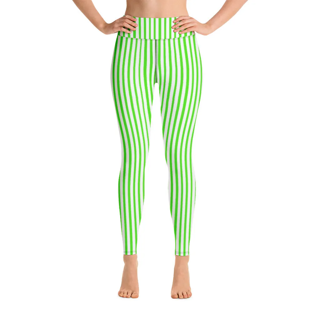 Green White Striped Yoga Leggings, Vertical Stripes Women's Long Tights-Made in USA/EU/MX