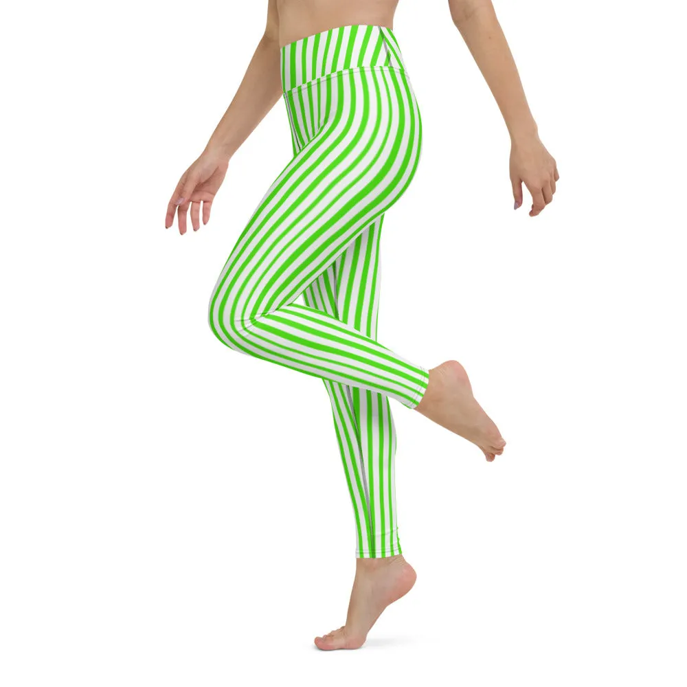 Green White Striped Yoga Leggings, Vertical Stripes Women's Long Tights-Made in USA/EU/MX