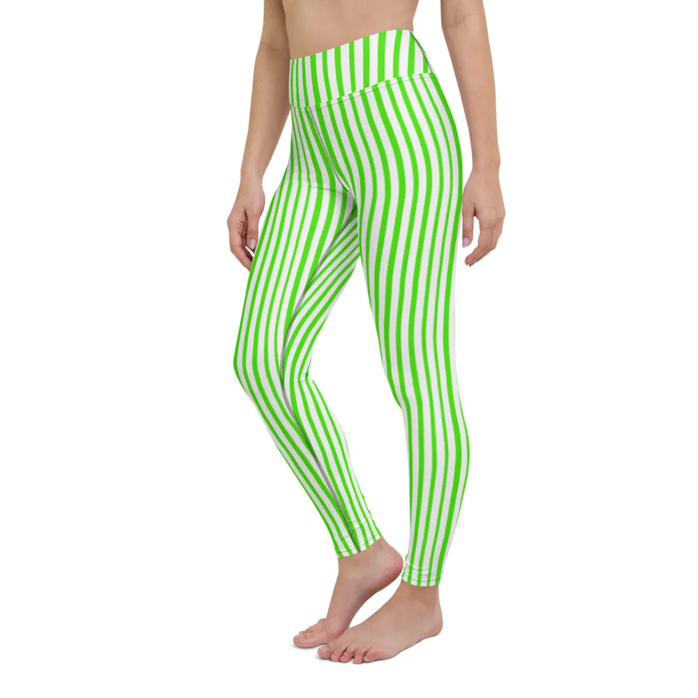 Green White Striped Yoga Leggings, Vertical Stripes Women's Long Tights-Made in USA/EU/MX