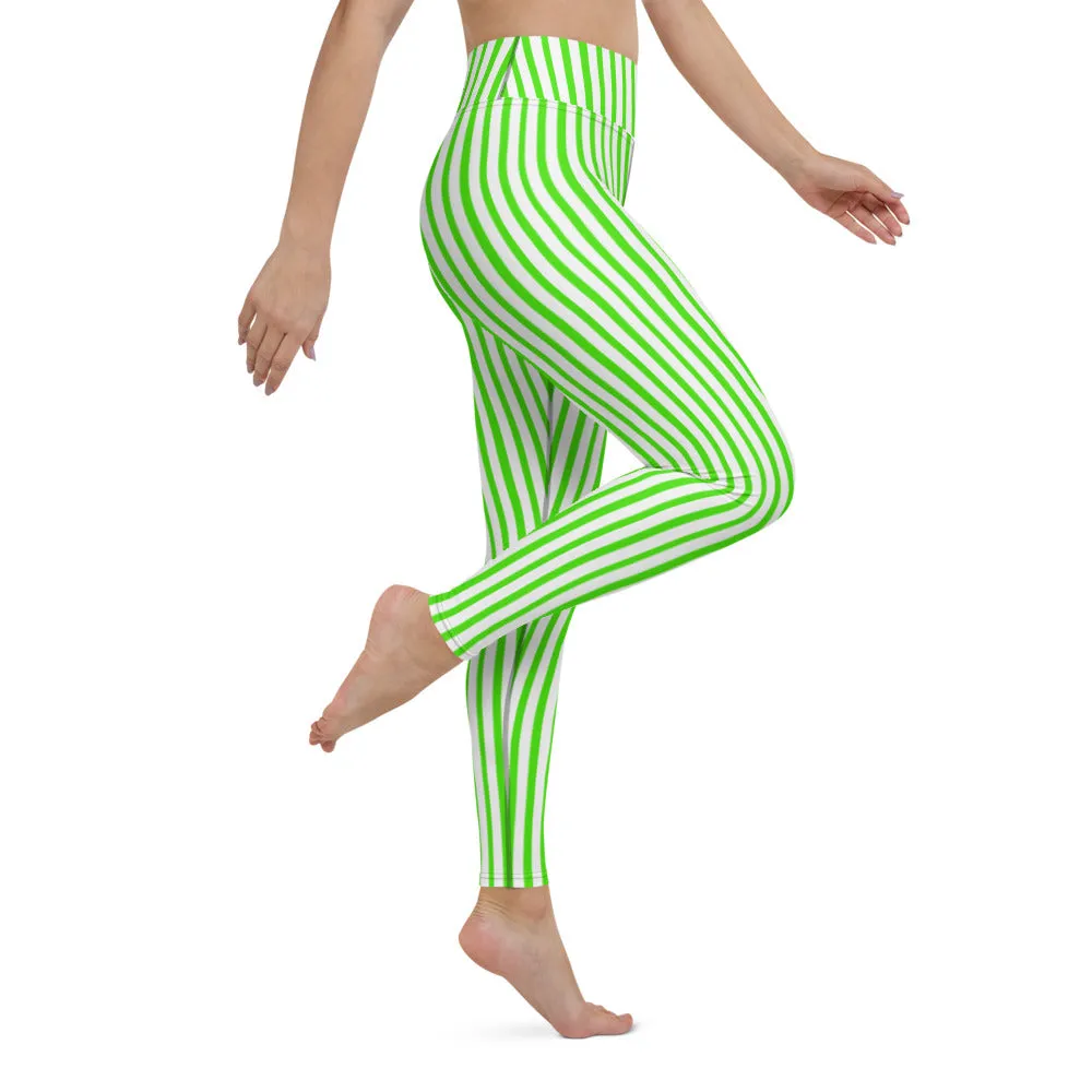 Green White Striped Yoga Leggings, Vertical Stripes Women's Long Tights-Made in USA/EU/MX