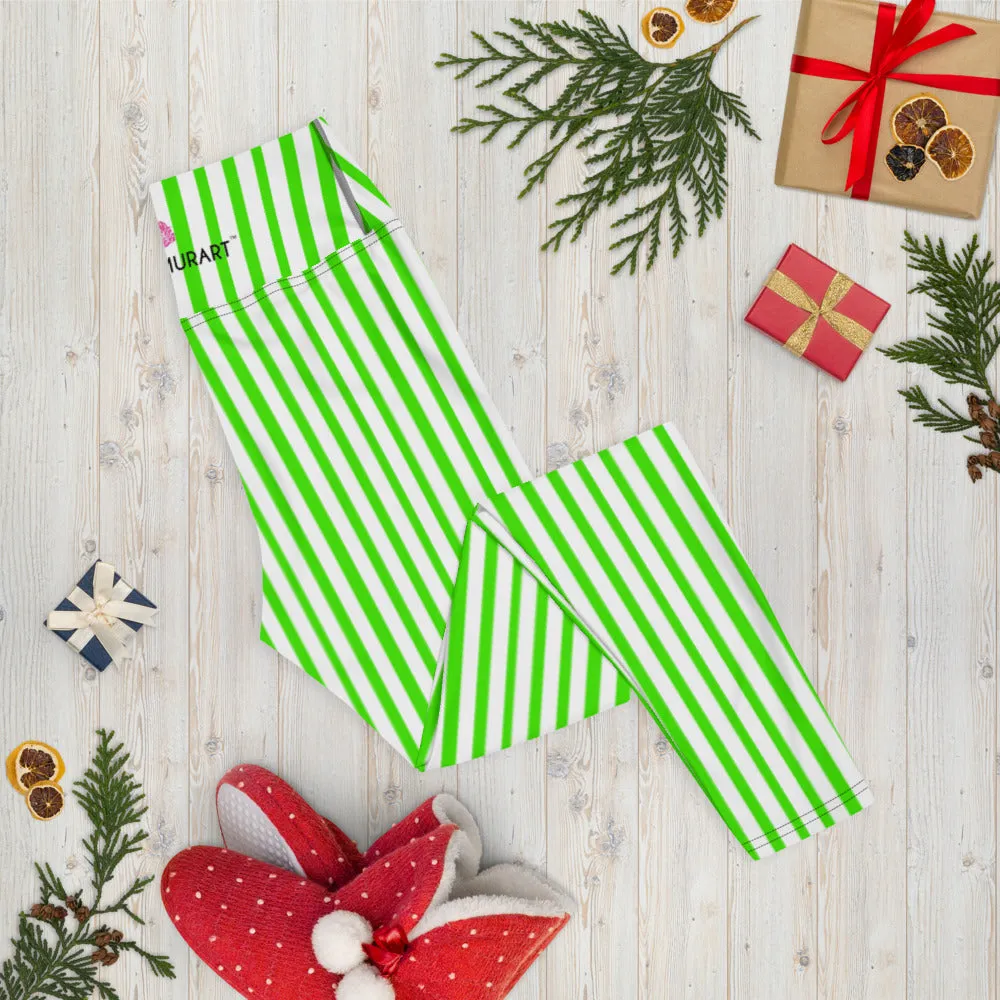 Green White Striped Yoga Leggings, Vertical Stripes Women's Long Tights-Made in USA/EU/MX