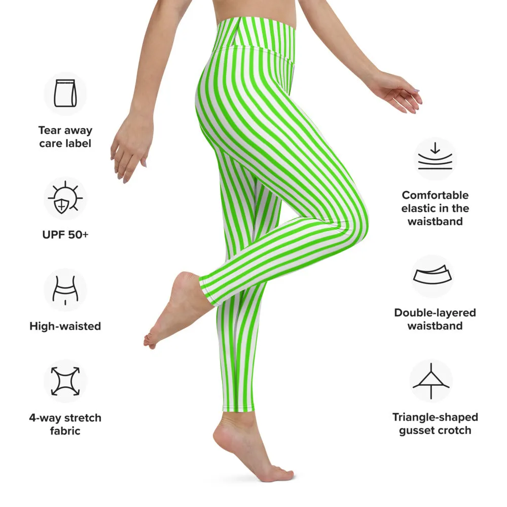 Green White Striped Yoga Leggings, Vertical Stripes Women's Long Tights-Made in USA/EU/MX