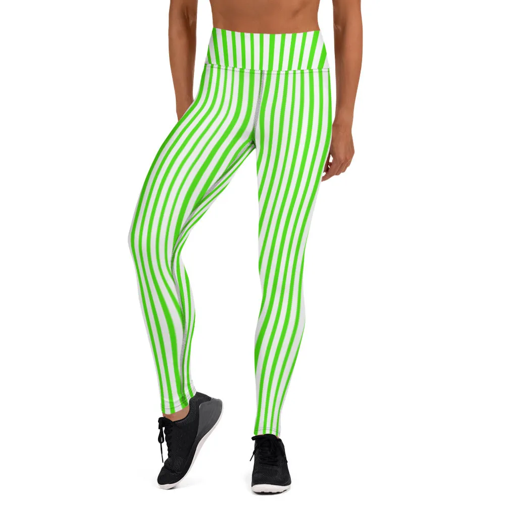 Green White Striped Yoga Leggings, Vertical Stripes Women's Long Tights-Made in USA/EU/MX