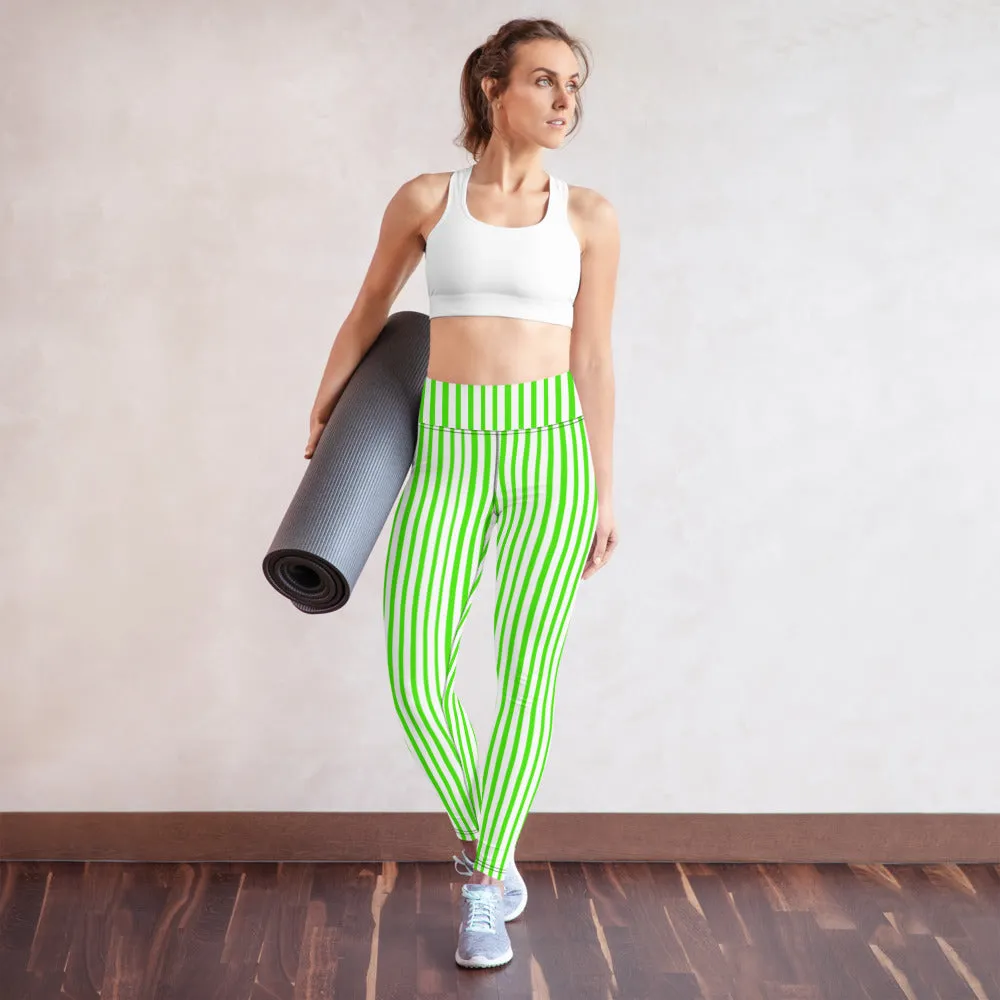 Green White Striped Yoga Leggings, Vertical Stripes Women's Long Tights-Made in USA/EU/MX