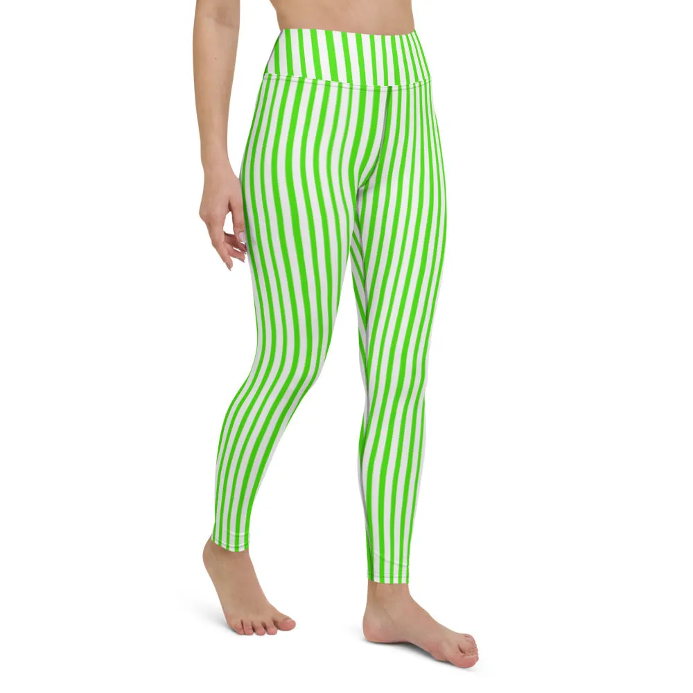 Green White Striped Yoga Leggings, Vertical Stripes Women's Long Tights-Made in USA/EU/MX