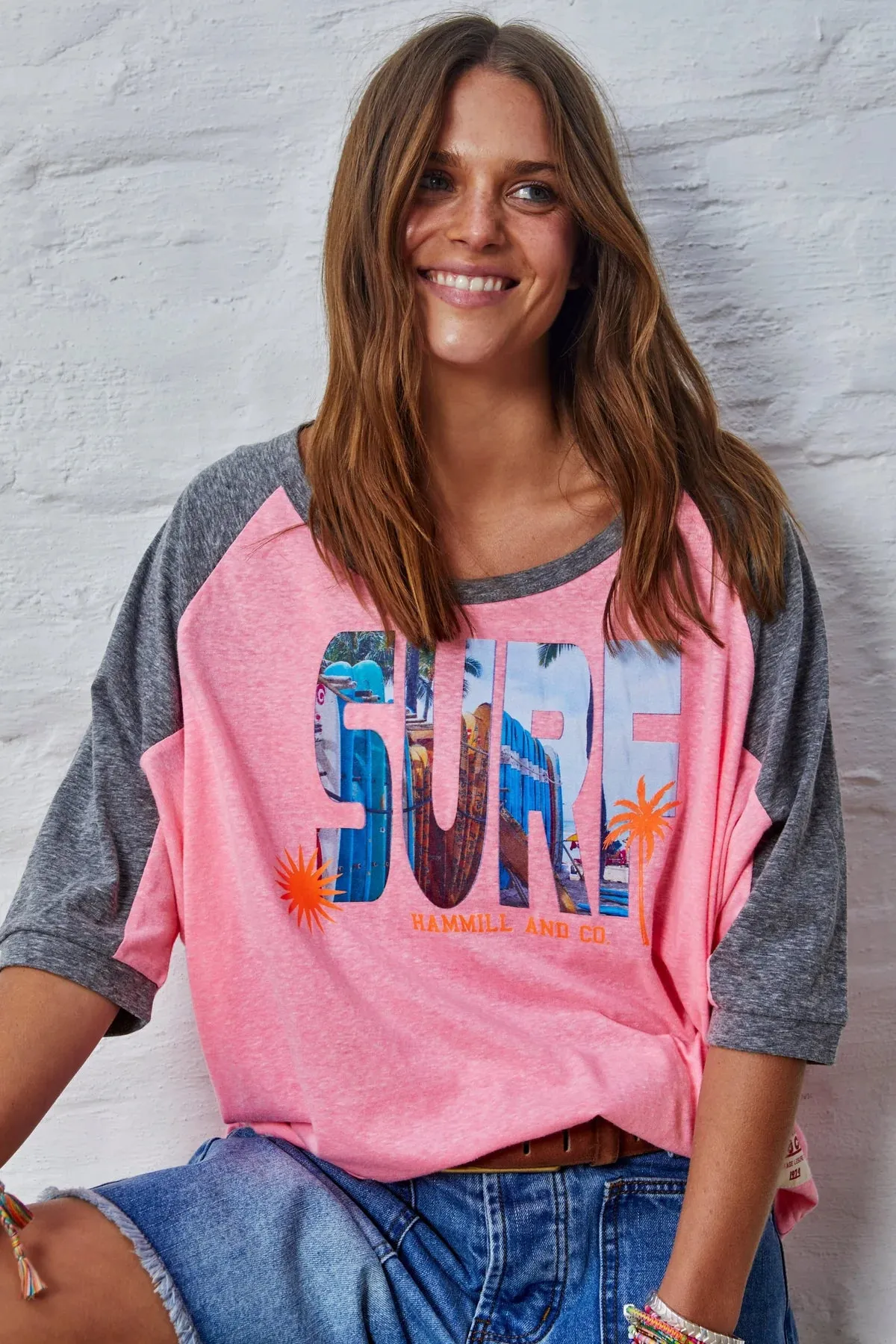 HAMMILL & Co Womens Surf Batwing Raglan Tee - Pink & Charcoal