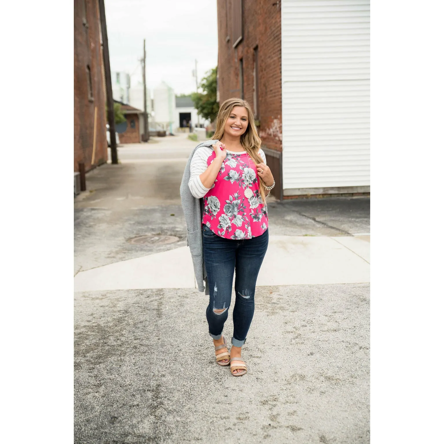 Hot Pink Floral Baseball Tee