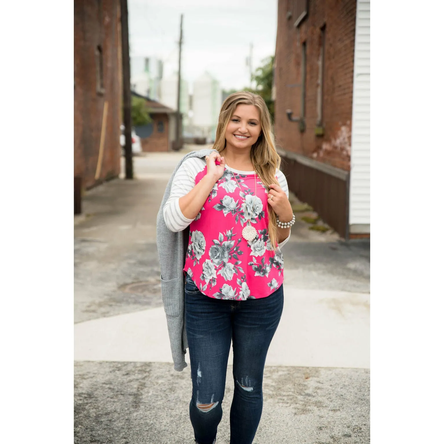 Hot Pink Floral Baseball Tee