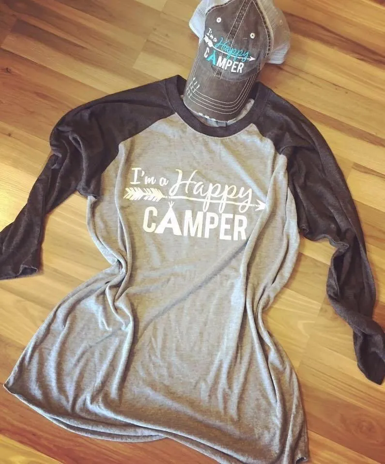 I’m a happy camper t-shirt •• 3/4 sleeve gray and black raglan •• XS - XL •• Camping shirts • Camp • RV