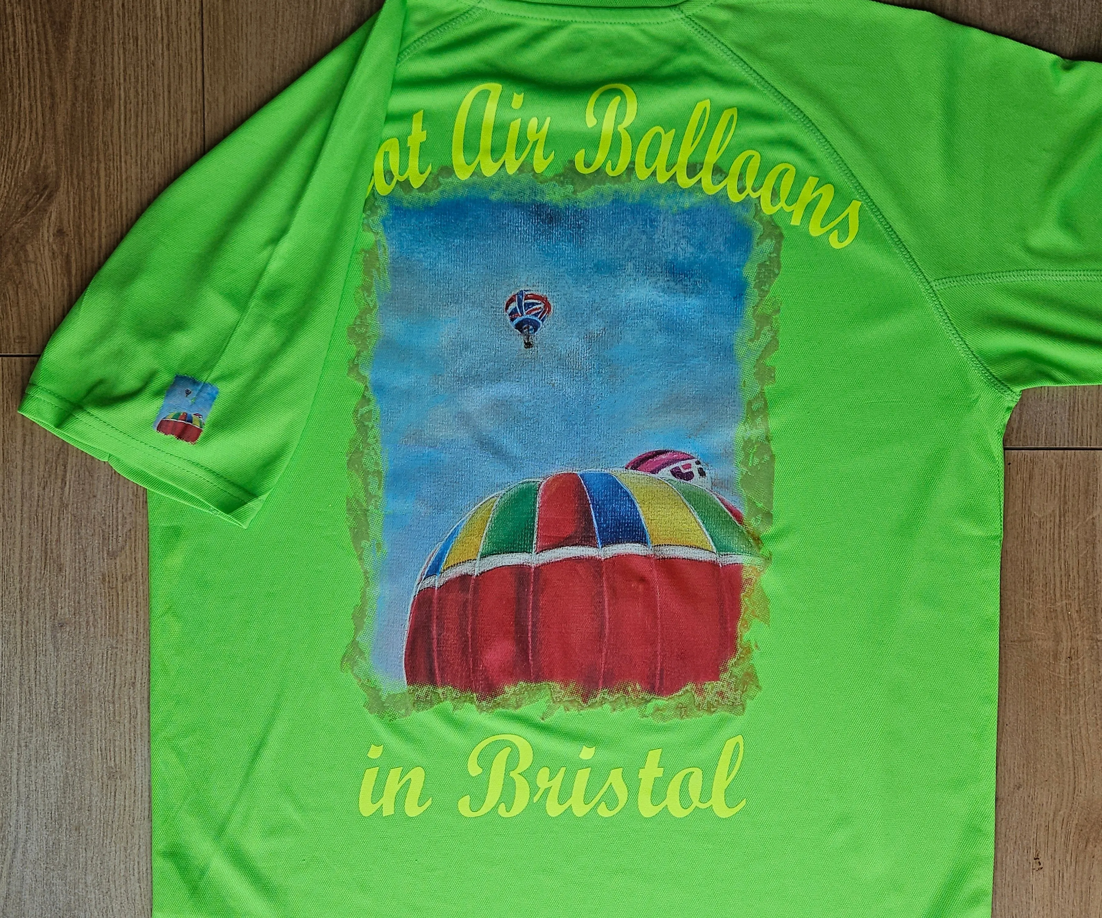 Lime Green. T-Shirts with Hot Air Balloons in Bristol Graphics for Adults. High quality sport Aircool Tees. Lime Green colour.