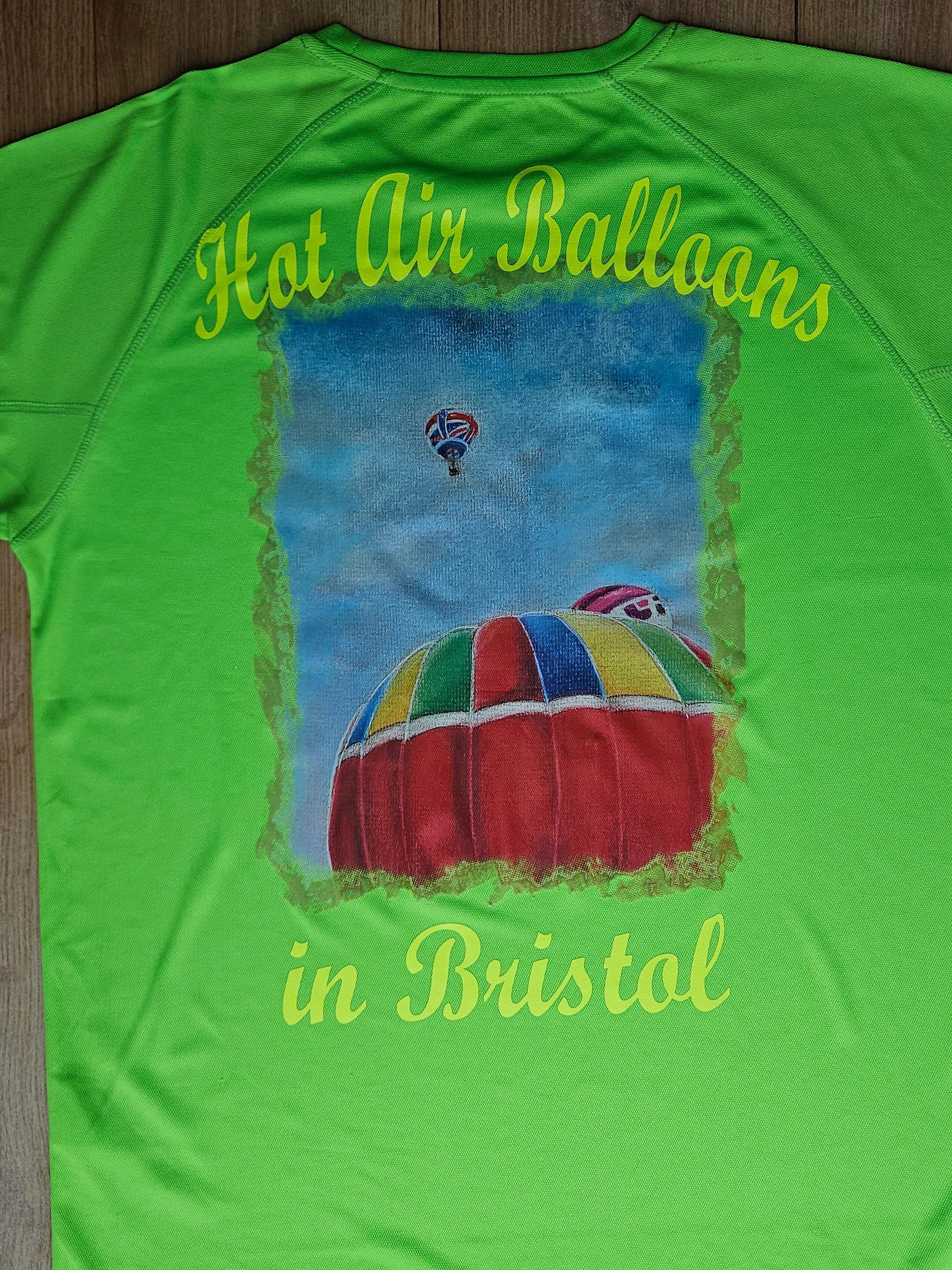 Lime Green. T-Shirts with Hot Air Balloons in Bristol Graphics for Adults. High quality sport Aircool Tees. Lime Green colour.