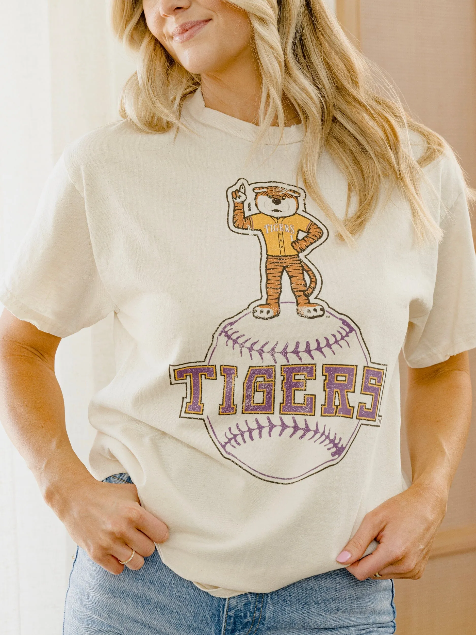 LSU Tigers Mascot Baseball Off White Thrifted Tee