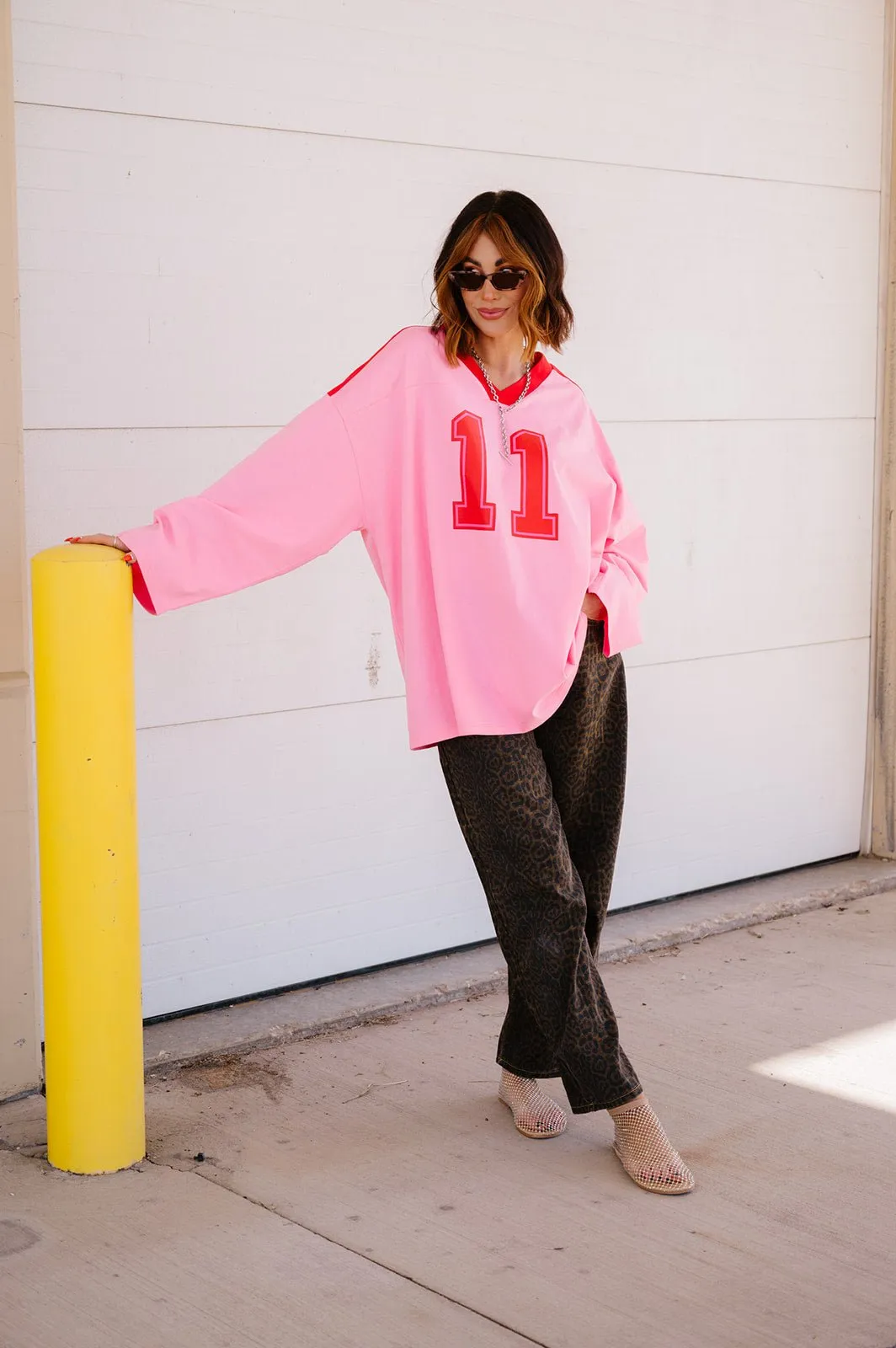 Lucky Oversized Jersey Tee in Red   Pink