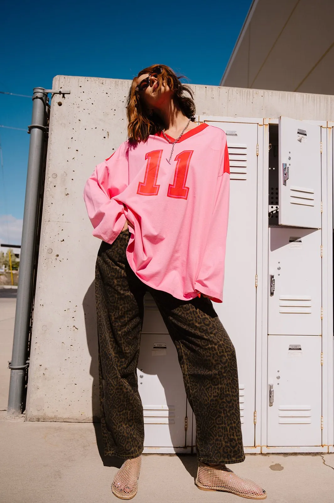 Lucky Oversized Jersey Tee in Red   Pink