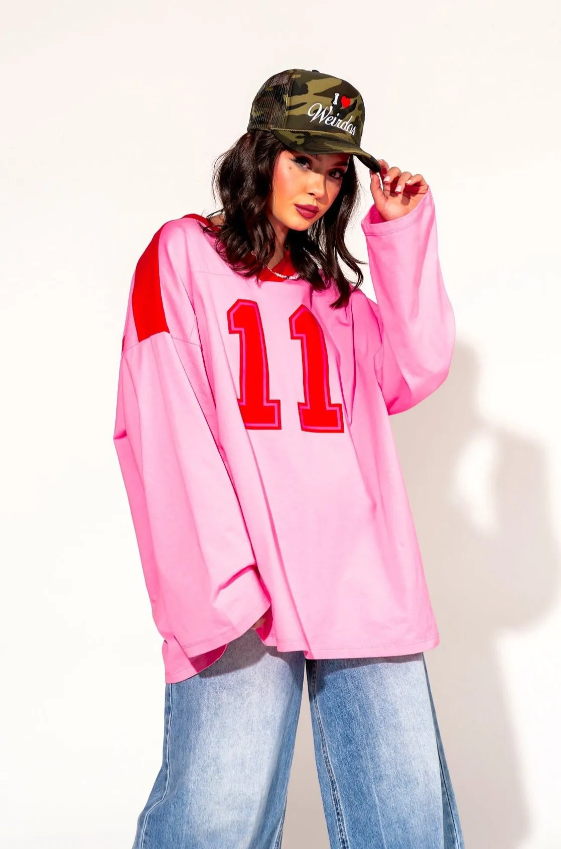 Lucky Oversized Jersey Tee in Red   Pink