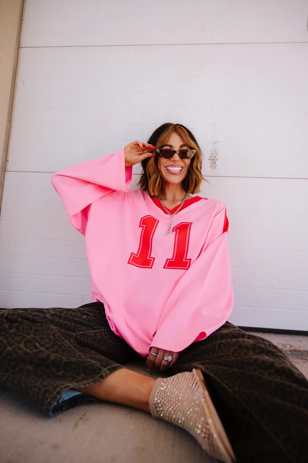 Lucky Oversized Jersey Tee in Red   Pink