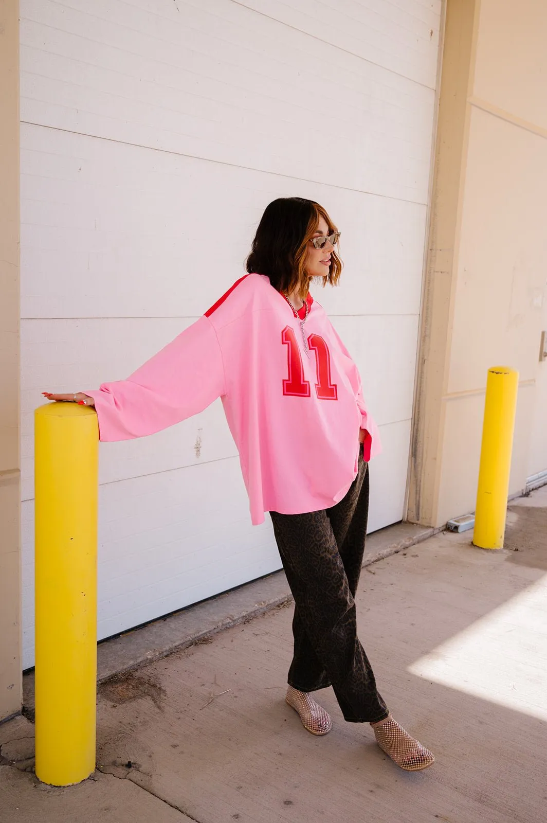 Lucky Oversized Jersey Tee in Red   Pink