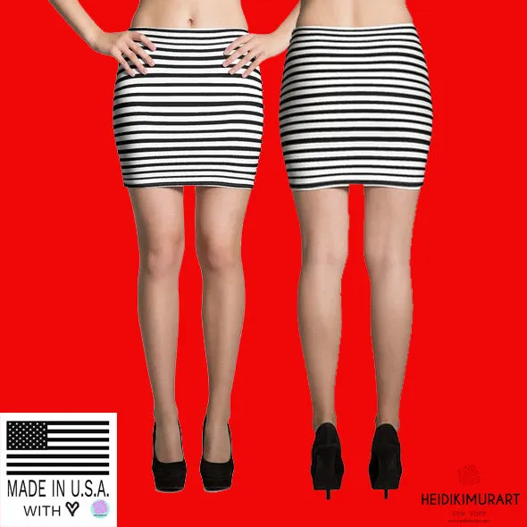 Modern Designer Black White Horizontal Stripe Women's Mini Skirt- Made in USA/EU