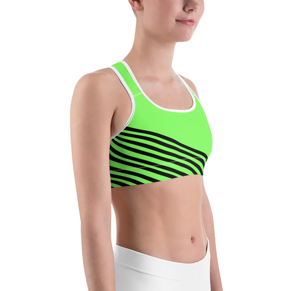 Neon Green Striped Sports Bra, Black Diagonal Stripe Print Fitness Bra - Made in USA/EU