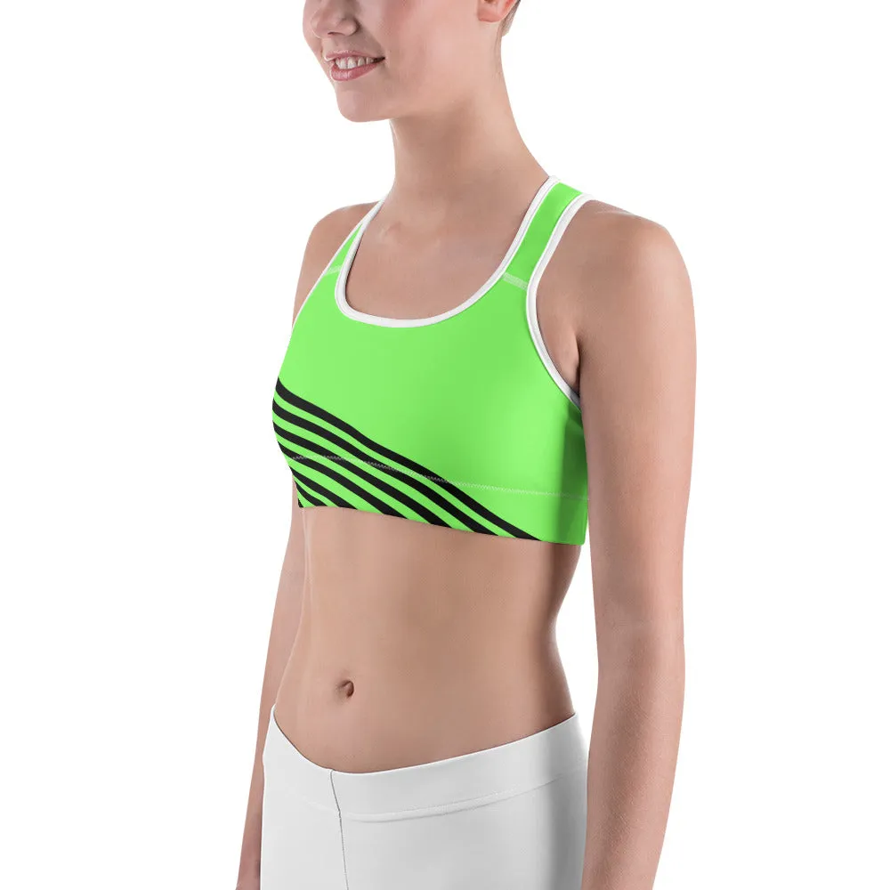 Neon Green Striped Sports Bra, Black Diagonal Stripe Print Fitness Bra - Made in USA/EU