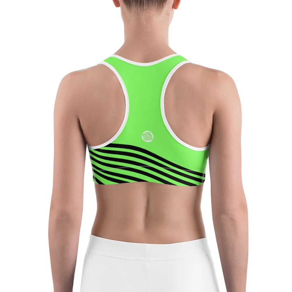 Neon Green Striped Sports Bra, Black Diagonal Stripe Print Fitness Bra - Made in USA/EU