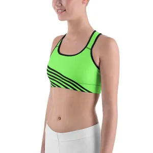 Neon Green Striped Sports Bra, Black Diagonal Stripe Print Fitness Bra - Made in USA/EU